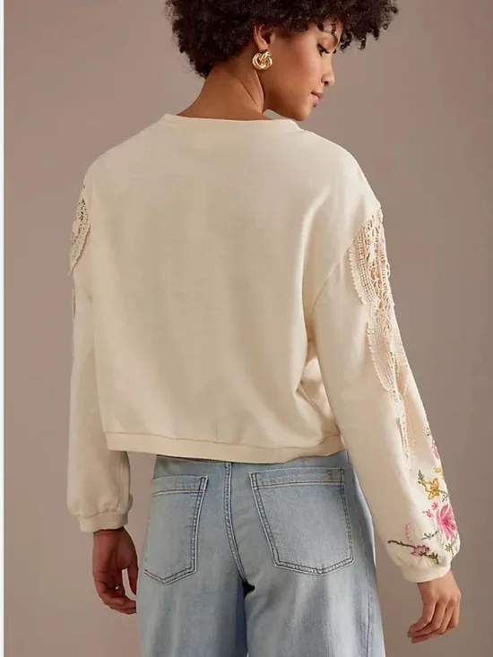 Anthropologie Cream Pullover Sweatshirt  Pink/Green Floral Embroidery Small - Picture 3 of 8